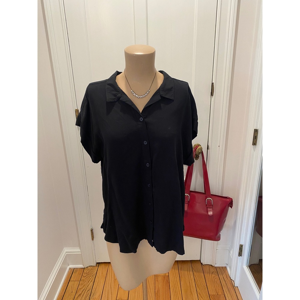 Alexander Jordan Womens Large Black Short Sleeve Button Down Rayon Shirt Top